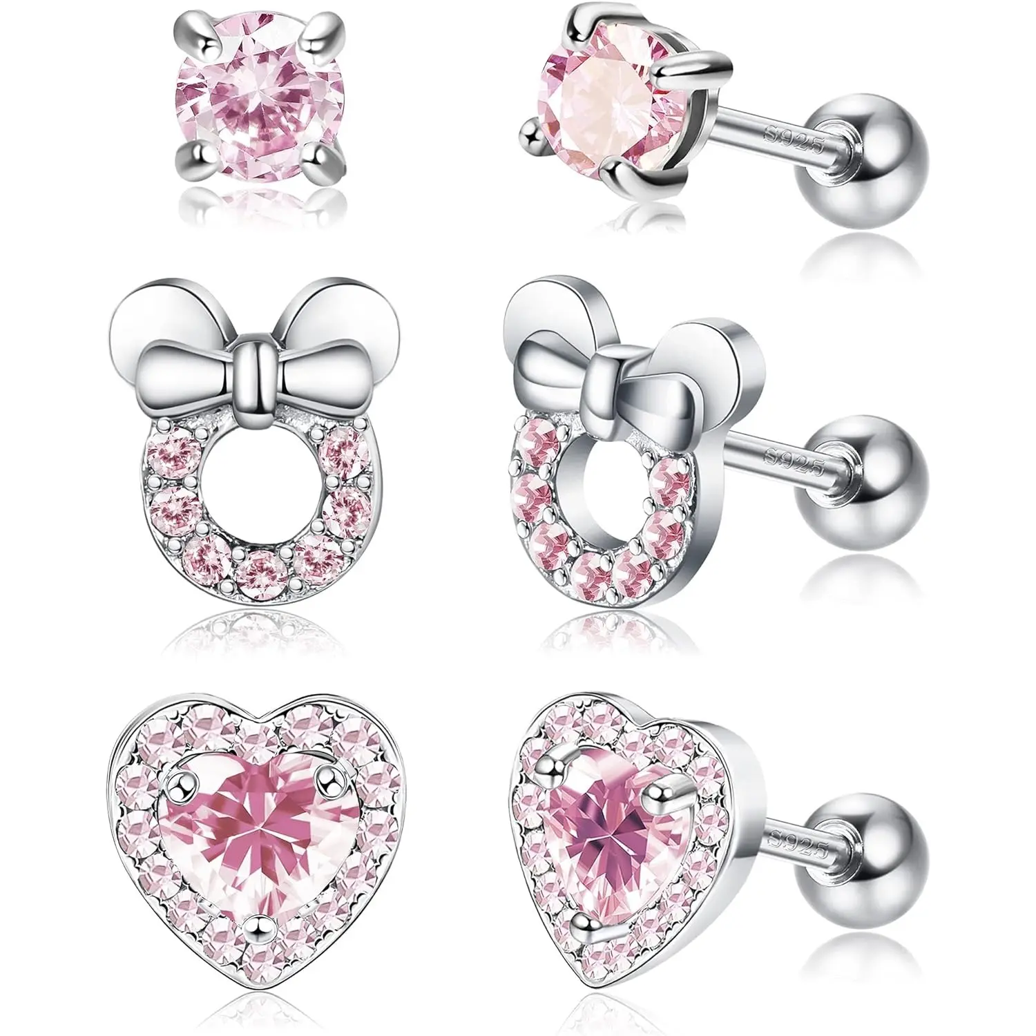 Milacolato Women's 3-Pair Cubic Zirconia Gemstone Stud Earrings Set - Heart Shaped, Mouse Designs, Hypoallergenic CZ, 18G Screwback for Cartilage Tragus Helix, Evening Jewelry, Heart Shaped Earrings, Hypoallergenic Cz Earrings