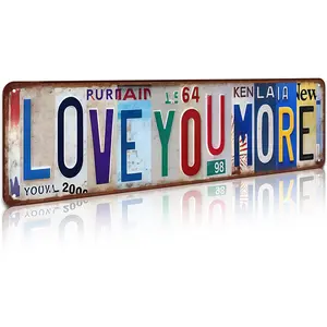 LOVE YOU MORE 16x4 Inch Upcycled License Plate Aluminum Sign Retro Multi-Color Valentine's Housewarming Wall Decor for Home Bedroom Living Room Decoration Items Decorative Plaque Yard Sign