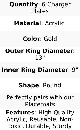 6-Pack Acrylic Round Charger Plates 13" in Metallic Gold, Dinner Party Decor Charger Tableware