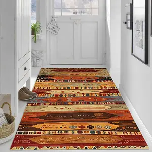 【Velvet + 850g/m² + Anti-slip dotted base】1pc warm brown exotic layered tribal striped geometric pattern rug, comfortable and beautiful, versatile in decorative style, high-definition pattern printing with double-locked edges.