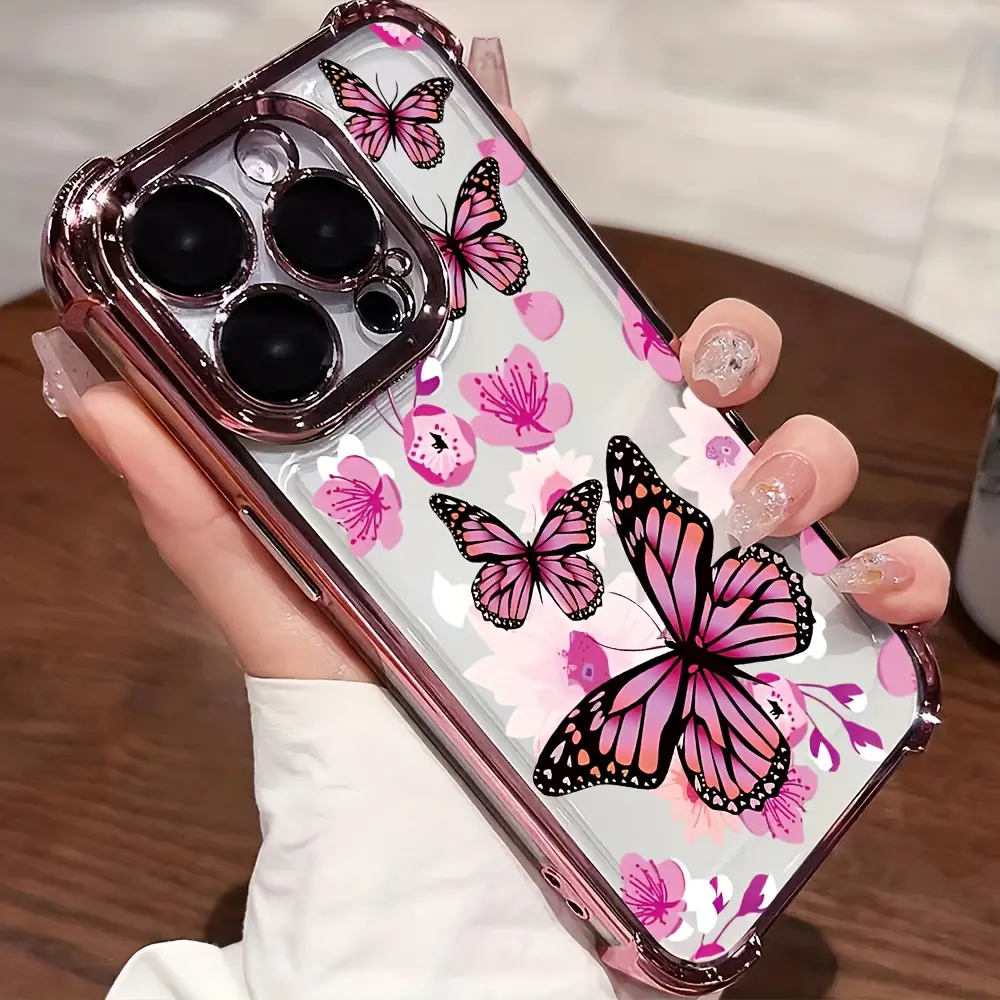 The pink butterfly pattern electroplated four-corner shock-absorbing phone case is suitable for iPhone 11/12/13/14/15/16/17/air/pro/promax/plus, offering protection against drops, scratches, and screen breakage.