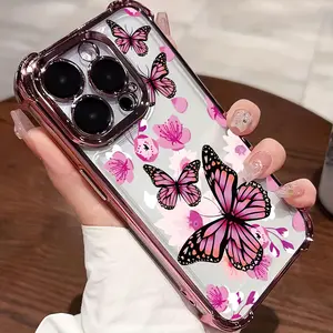 The pink butterfly pattern electroplated four-corner shock-absorbing phone case is suitable for iPhone 11/12/13/14/15/16/17/air/pro/promax/plus, offering protection against drops, scratches, and screen breakage.
