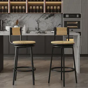 Honey Swivel Bar Stools Paper Rope Handwoven Barstools with Back Set of 2 Rustic Round Counter Chairs for Dining Room, Kitchen Island