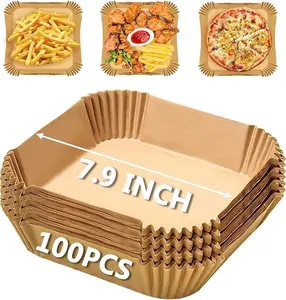 Air Fryer Paper Liners, 100 Sheets of Parchment Paper, Disposable Microwave Air Fryer Liners, Non-Stick Air Fryer Liners, Square Unbleached (7.9 inches)