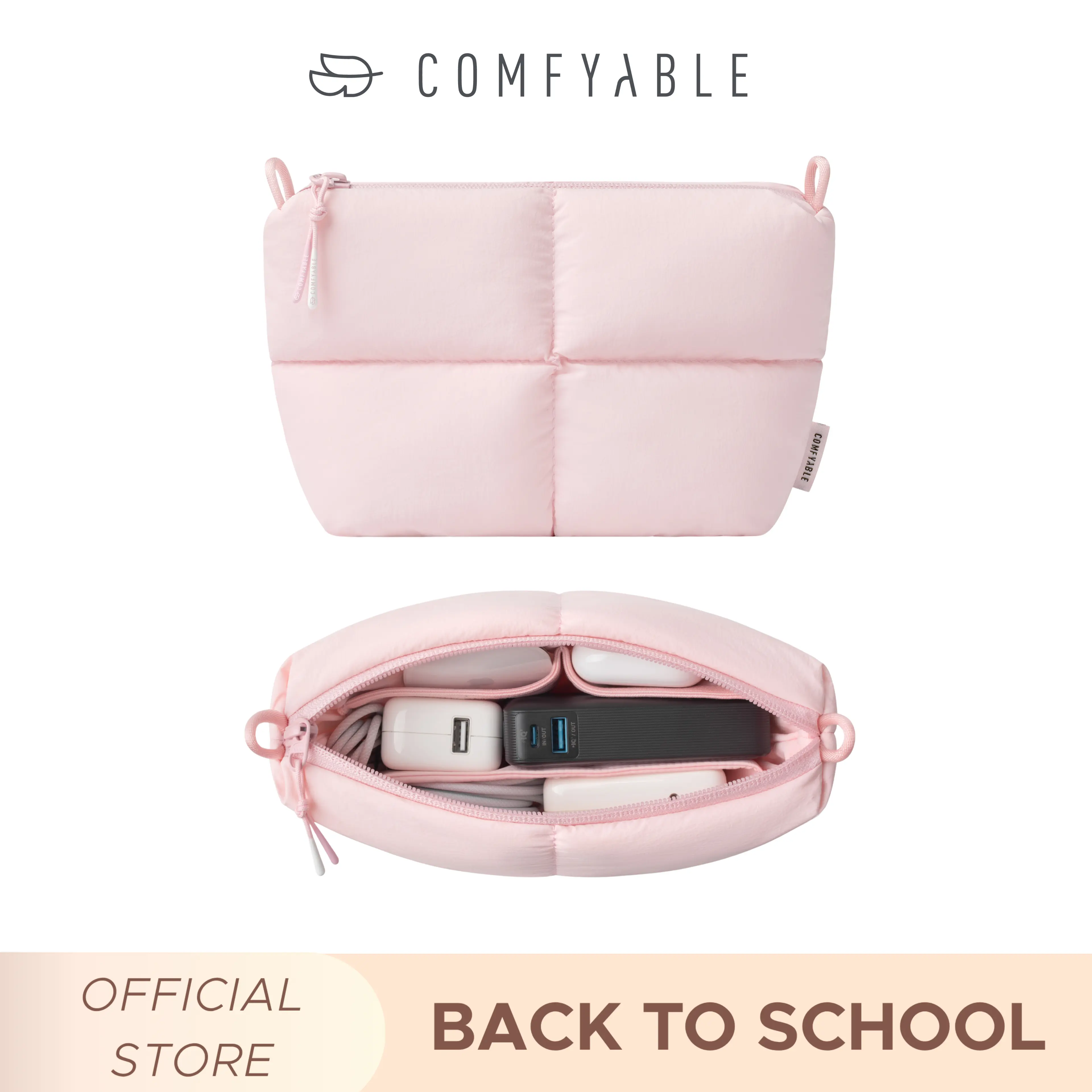 Comfyable Compact Puffy Waterproof Nylon Tech Storage Case with Hanging Loop, Cute Unisex Electronics Organizer for Charger, Phone, Power Bank, Cord, Travel-Friendly Functional Pouch, Travel Stuff, Pillow Quilted,back to school,back to school haul