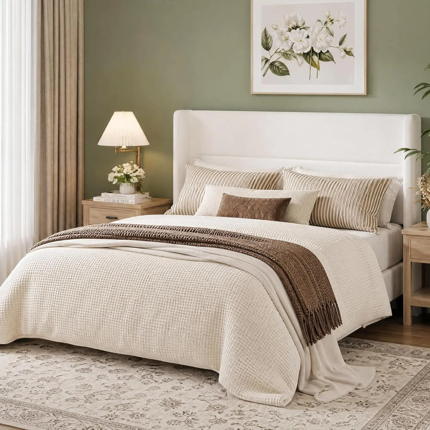 Twin Full Queen King Size Bed Frame with Wingback Headboard, Velvet Upholstered Platform Bedframe with Wood Slats, No Box Spring Needed, Easy Assembly, White, Queen Bed Frame, Queen Sized Bed Frame