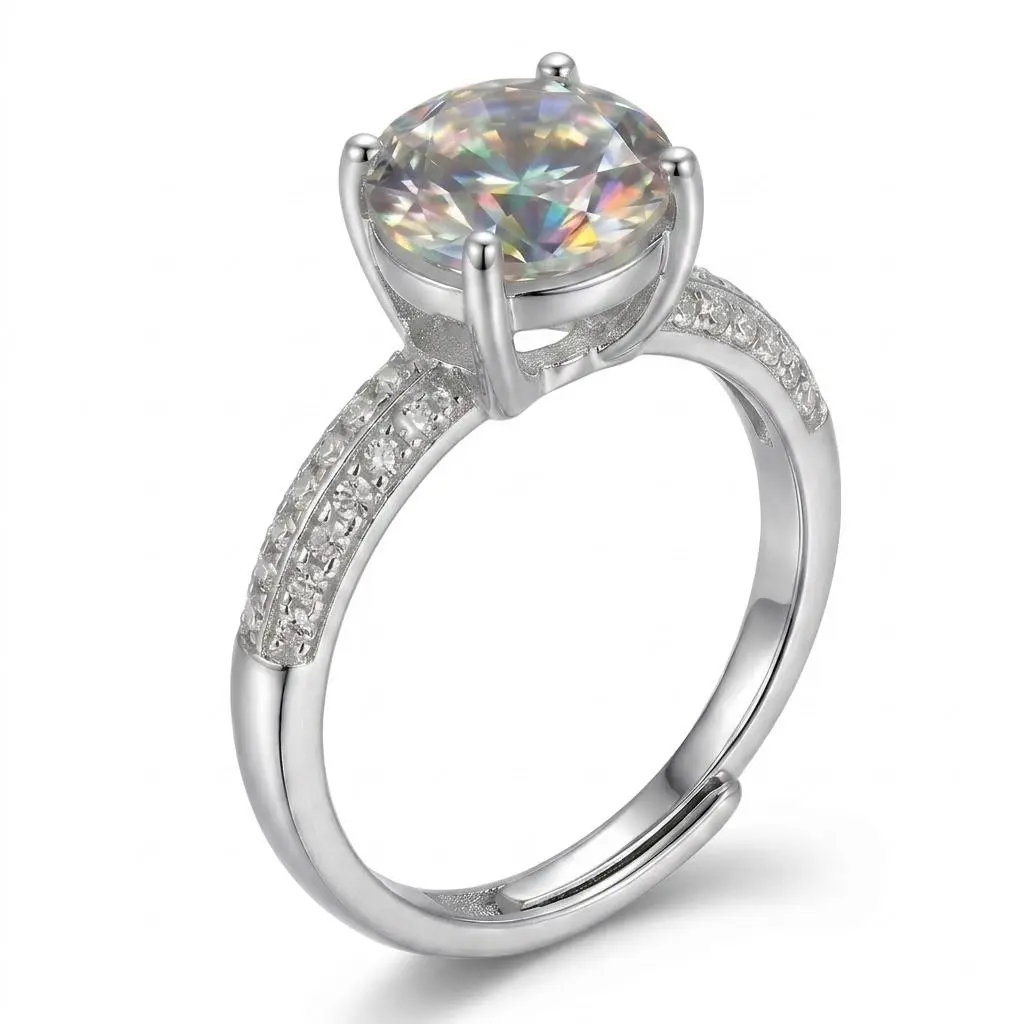 #JY Luxury Brilliant Cubic Zirconia Solitaire Ring for Women, Sparkle Diamond Look Ring with Double Pave Band, Adjustable Open Size Copper Plated Silver Ring Gift for Engagement Anniversary Birthday