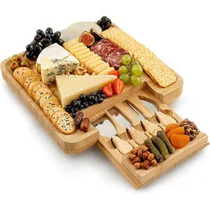 Premium Bamboo Wood Cheese Board Charcuterie Platter with Serving Utensils Cutlery Stainless Steel Tableware Premium Bamboo Wood Cheese Board Charcuterie Platter with Serving Utensils Cutlery Stainless Steel Tableware