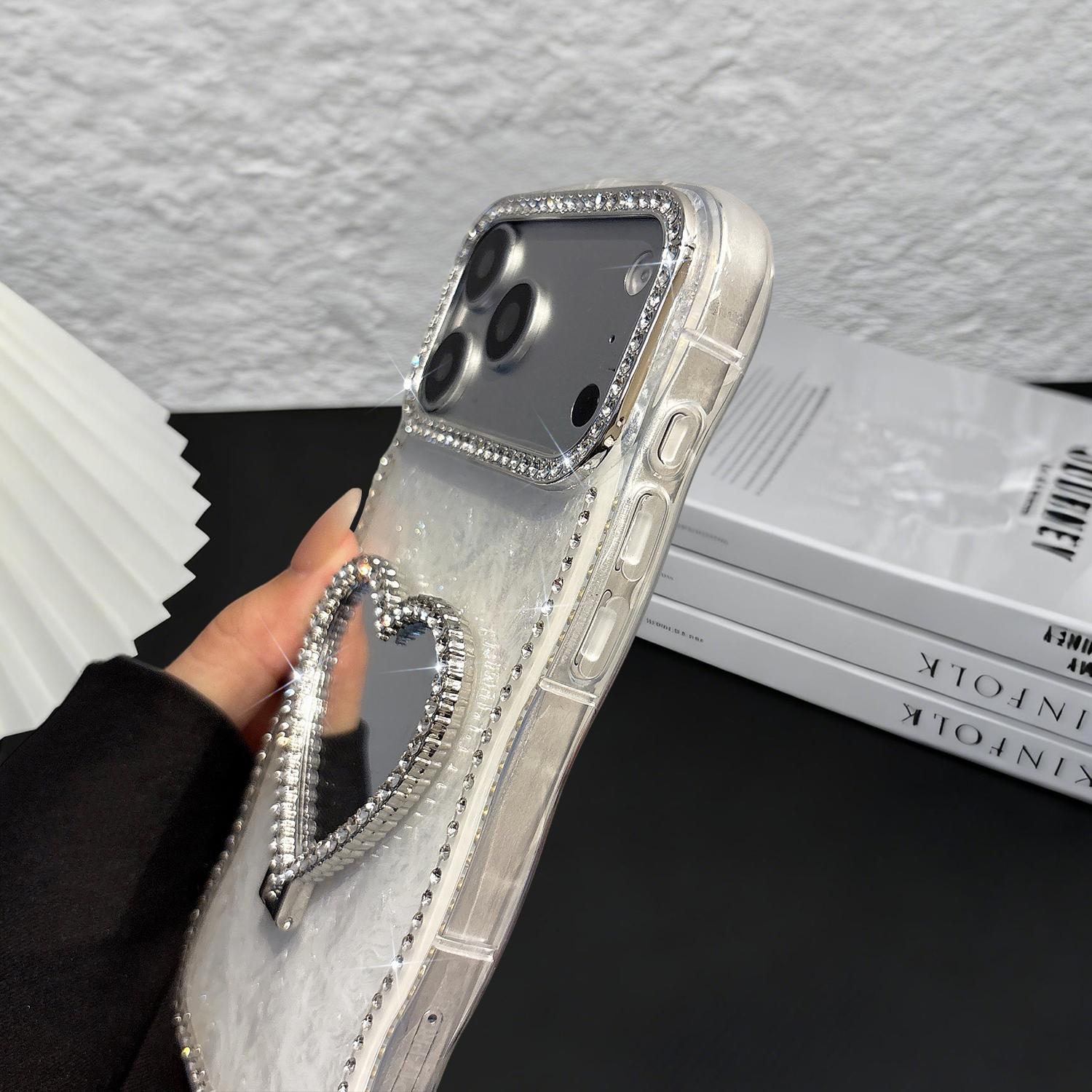 Glitter Mirror Case for iPhone 17/16 15 14 13 Pro Max,Cute Luxury Shiny Diamond Heart Makeup Mirror Bling Sparkly Rhinestones Thin Soft Case for Women Girls