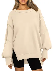 MNLYBABY Women's Oversized Soft Comfortable Round Neck Long Sleeve Side Slits Casual Loose Pullover Tops Sweatshirt Hoodie Leggings White Baggy
