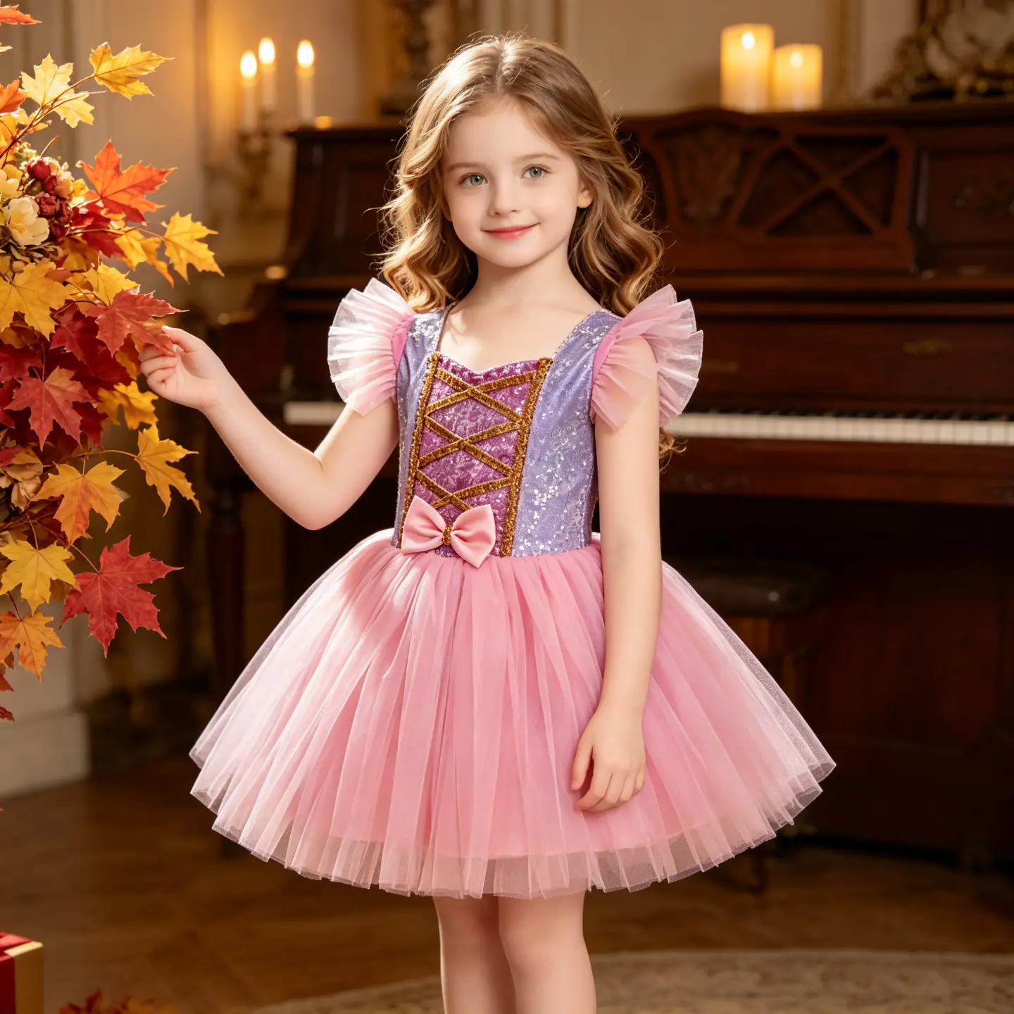 Girls Princess Dress, Purple Glitter Tutu Costume With Fly Sleeves, Kids Birthday Party Ball Gown, Halloween Cosplay Outfit, Children Photo Wedding Evening Dress For 3-12 Years Little Girls
