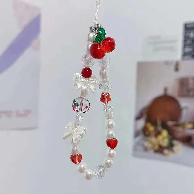 Korean Cute Red Cherry Bow Pearl Smartphone Lanyard Charm - Mobile Phone Accessories, Wrist Bead Hanging Cord, Phone Keychain, Single Size