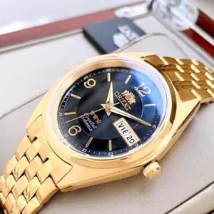 Orient Men's 3 Star Gold Tone Black Dial Automatic Watch with Day Date Function