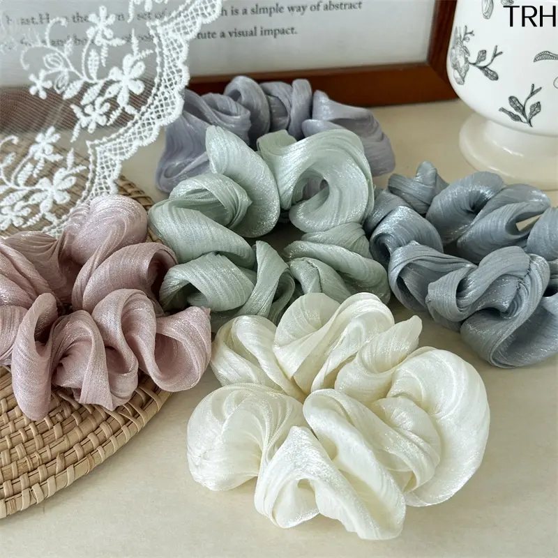 Shimmer Organza Cloud Scrunchies for Women, Soft Sheer Satin Hair Ties, Elegant Lightweight Elastic Hair Bands, Neutral Tone Hair Accessories for Low Ponytail Half Up Hairstyle Daily Outfit