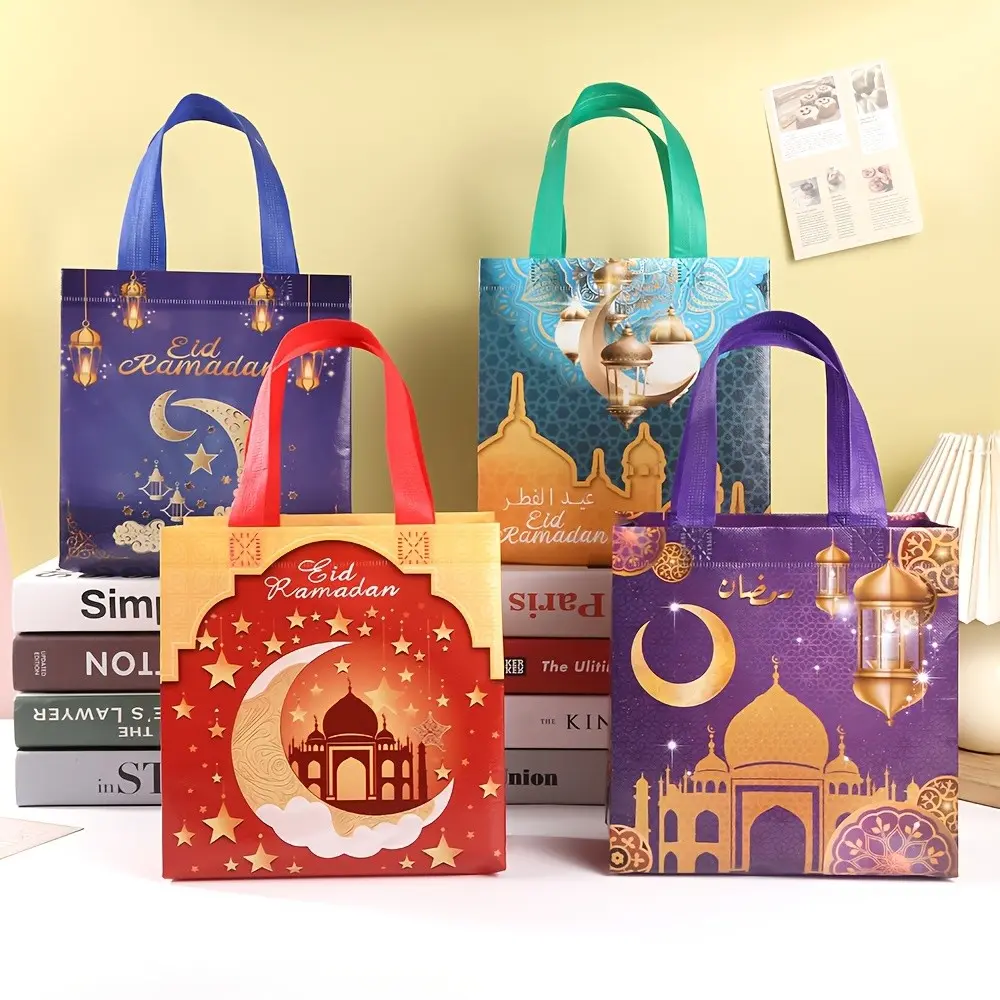 12pcs/24pcs Ramadan Moon Star Pattern Handbag, Non-Woven Fabric Gift Bag, Multicolor Textured Festival Bag, Eid Al Fitr Supplies