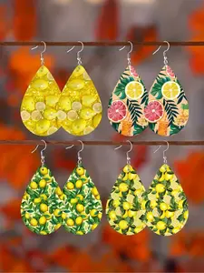 Elegant Waterdrop Earrings Set, Summer Fresh Lemon Tropical Fruit Print, Women's Fashion Wood Pendant Earrings, Perfect for Vacation Daily Wear
