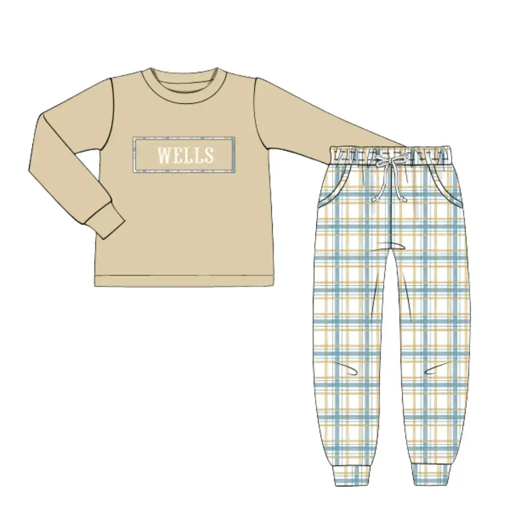 Teal & Tan Plaid Name Smocked Jogger Set