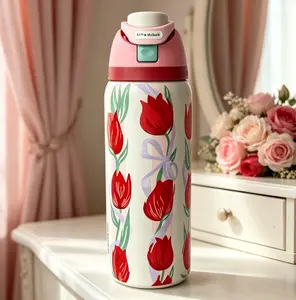 Owala Insulated Reusable Tumbler Water Bottled Flask - Spring Pink & Red Tulip Design, Secure Lock Flip-Top Lid, BPA-Free, Portable Vacuum Drinkware for School, Gym