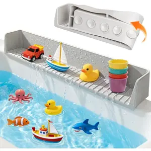 Splash Guard for Bathtub, Silicone Bathtub Splash Guard with Suction Cups, Bath Toys Holder Shelf, Bath Tub Side Tray for Bathroom Storage and Water Spill Prevention, Grey