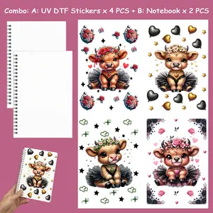 6 in 1 Notebook Set with Floral & Cow Design Stickers, Self Adhesive Decals for Mugs, Laptops, Phones, DIY Gift for Cow Lovers