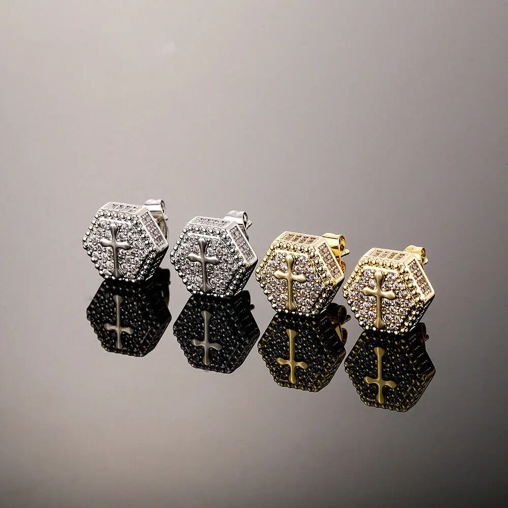 Pave Hexagon Cross Stud Earrings, Gold Plated Hip Hop Jewelry with Cubic Zirconia, Unique Versatile Accessories for Women and Men, Unique Design, Men's Accessories, Gold Stud Earrings, Hip Hop Style, Bling Effect