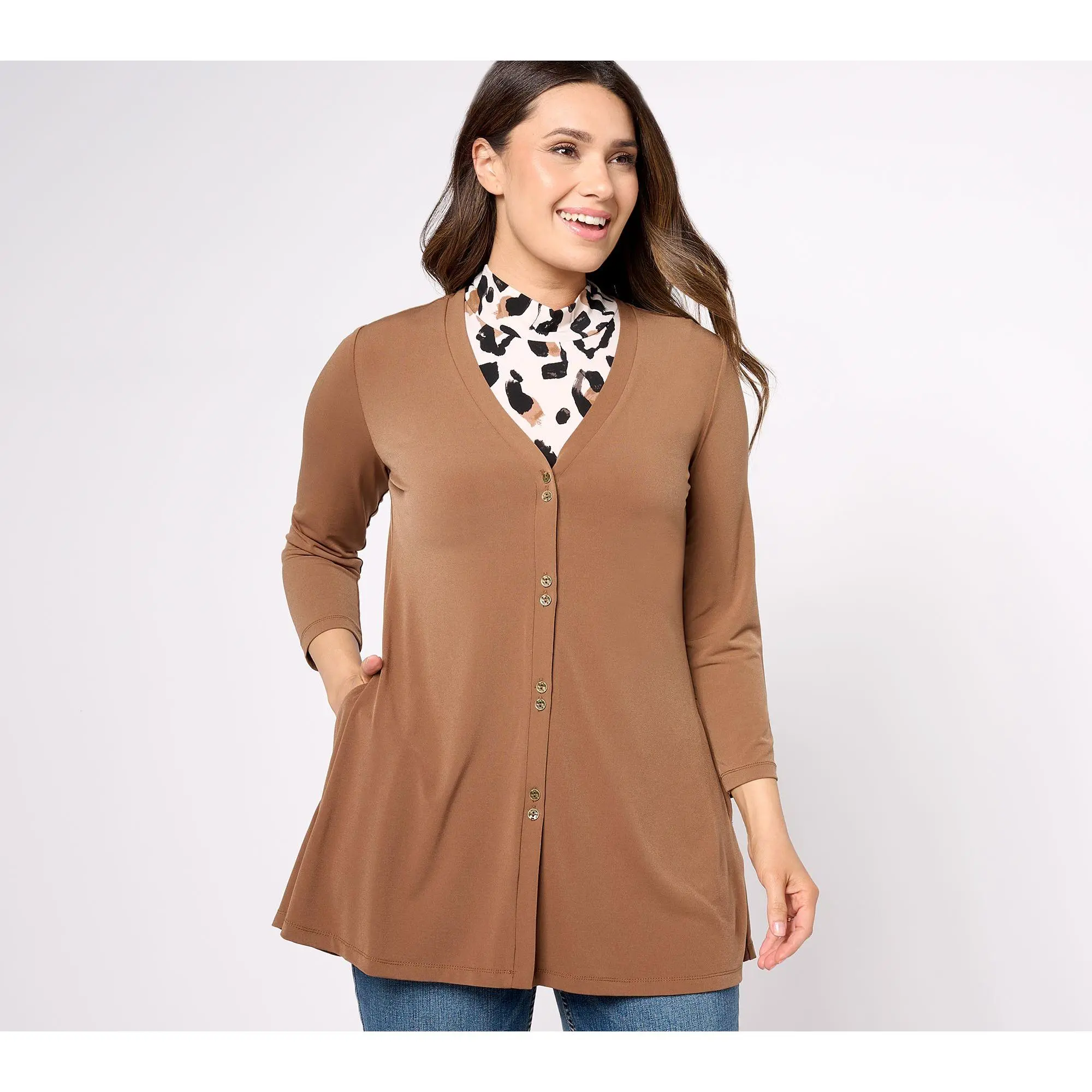 Susan Graver Reg Solid Liquid Knit A-Line Cardigan & Print_Tank St