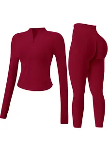 Women's 2-piece set Seamless Sexy Standing Collar Zipper Exercise Suit Gym Clothes Workout Running Clothes Windproof Slim Warm Top Long Sleeve + Tight Hip Lifting Exercise Pants Quick Dry Yoga Clothing Sports Fitness Wear Workout Sets