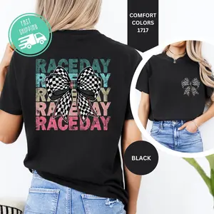 Race Day Bow Shirt, Checkered Flag Racing Tee, Cute Race Girl