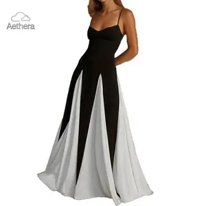 Aethera Color Block Spaghetti Strap Maxi Dress for Women Sweetheart Neck Formal Evening Gown Elegant Flowy Party Dress Perfect for Weddings Prom Banquets Special Occasions