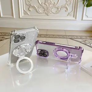 1 Pack, 4 Colors Luxury Glitter Magnetic Phone Ring Holder | Bling Foldable Stand for MagSafe | Strong Grip, Hands-Free Viewing, No Charging Blockage | Compatible with iPhone 16/15/14 | For Fashionable Women, Office Workers & Students | Ideal for Home, Ca