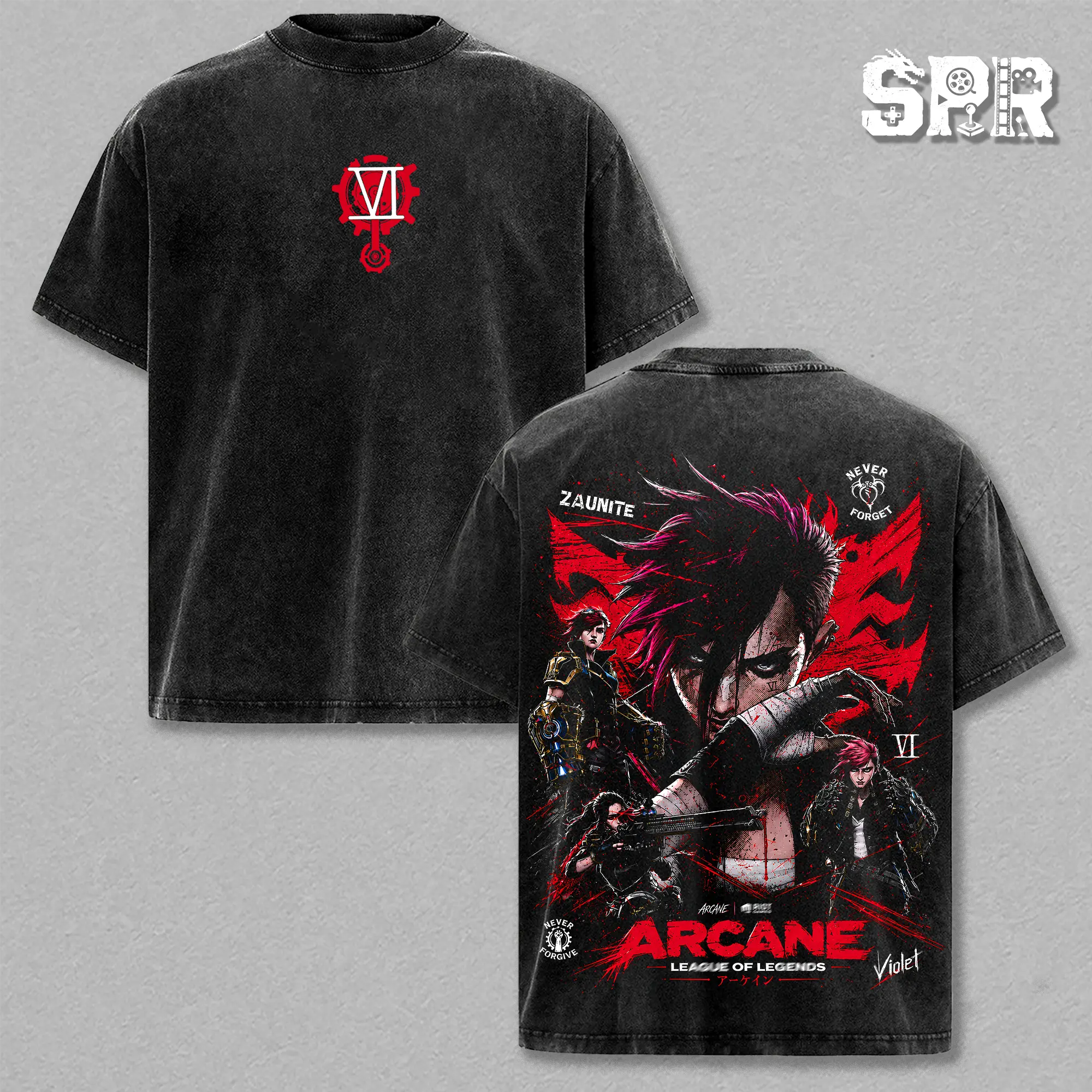 Vi - Arcane Graphic Tee Vintage Washed Shirt Unisex Streetwear Gaming Merch Piltover Enforcer Vi Tee LOL T-Shirt Gift for Animation Lovers Vi Fans