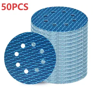 50pcs 5 Inch Blue Diamond Sanding Discs, Anti-Clogging Woodworking Metal Grinding Velcro Wall Polishing, 8 Holes Round Abrasive Sheets