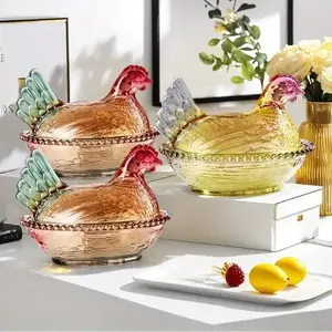 Elegant Crystal Glass Chicken-Shaped Storage Jar with Lid, Intricate Design, Decorative, Perfect for Candy Sugar Snacks