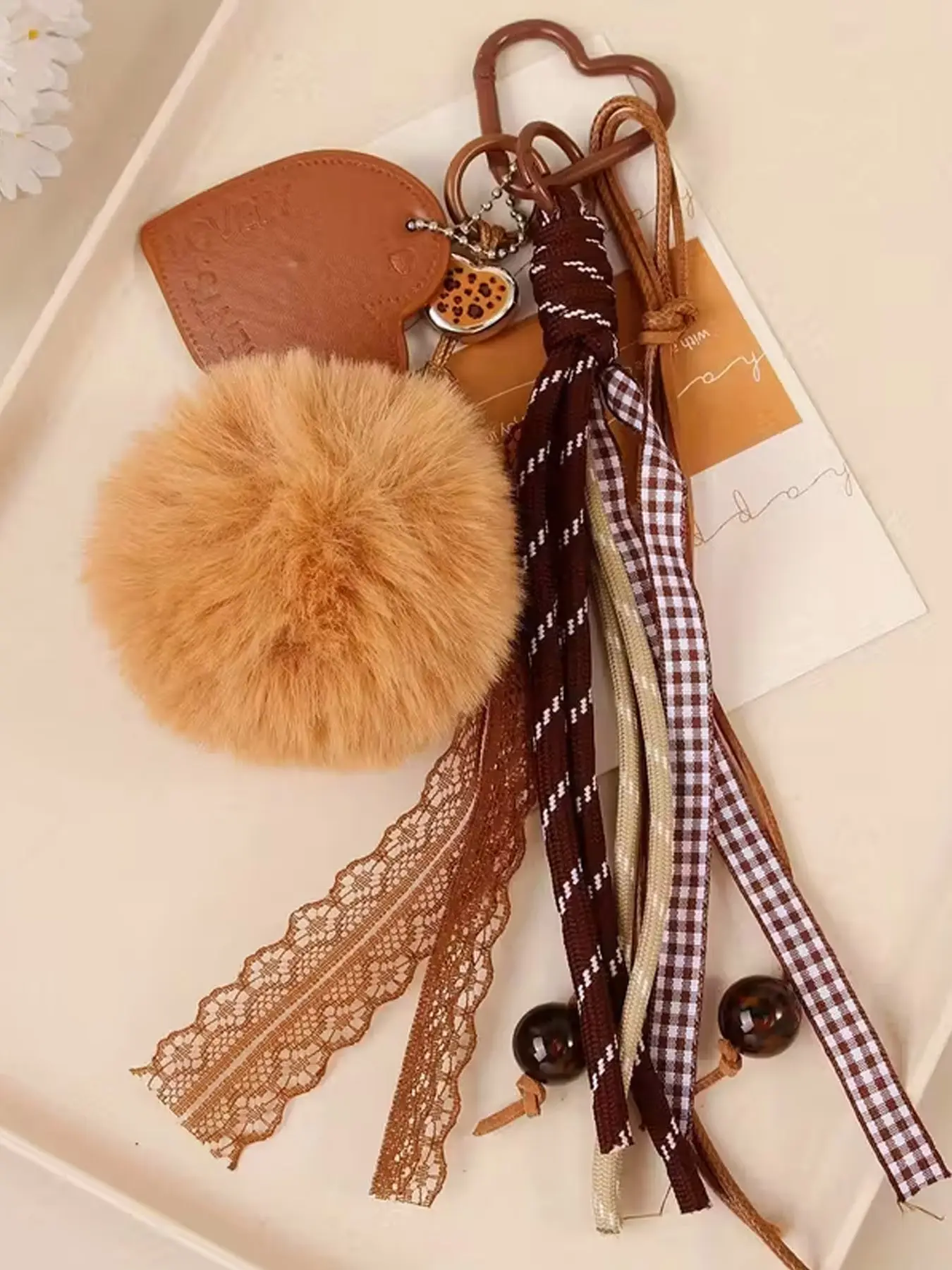 Vintage Forest Style Pendant - Light Brown Soft Fluffy Plush Ball Keychain, Lace Plaid Woven Rope And Brown Heart Tag, Leopard Print Bead, Keychain Women's Bag Accessory Heart Buckle, Fuzzy Keychain, Perfect Valentine's Day Gift.