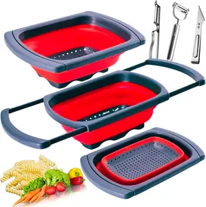 Collapsible Silicone Colander, 6 Qt Large Kitchen Strainer Utensils for Pasta, Vegetables Draining, Space-Saving Foldable, Heat-Resistant, BPA-Free, Dishwasher Safe - Blush Red