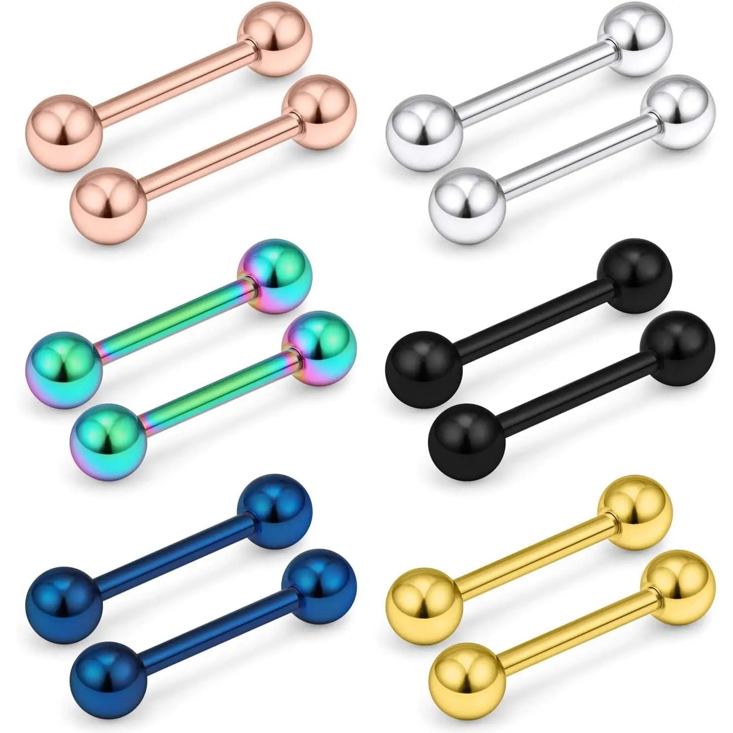 12-Piece 12G Tongue Ring Set in 316L Surgical Steel, 1/2 Inch Unisex Internally Threaded Straight Barbells, Rarely Tarnish and Rust, 12G (2.0Mm), Barbell Ring