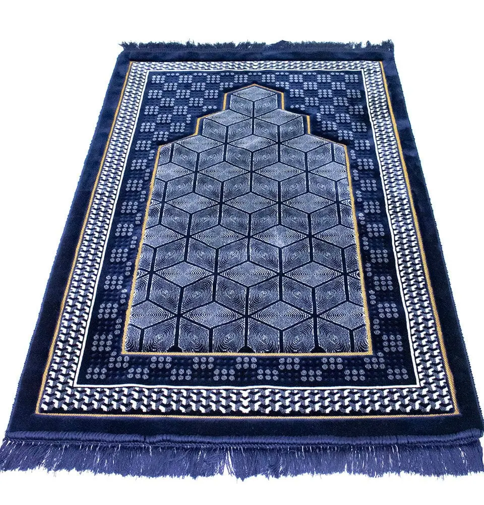 Double Plush Wide Extra Large Prayer Rug - Geometric Noor Dark Blue