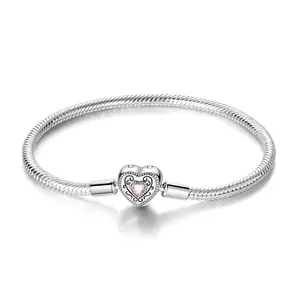 925 Silver-plated Heart Clasp Bracelet, Snake Chain Pink CZ Heart Bracelet, Perfect Gift for Her