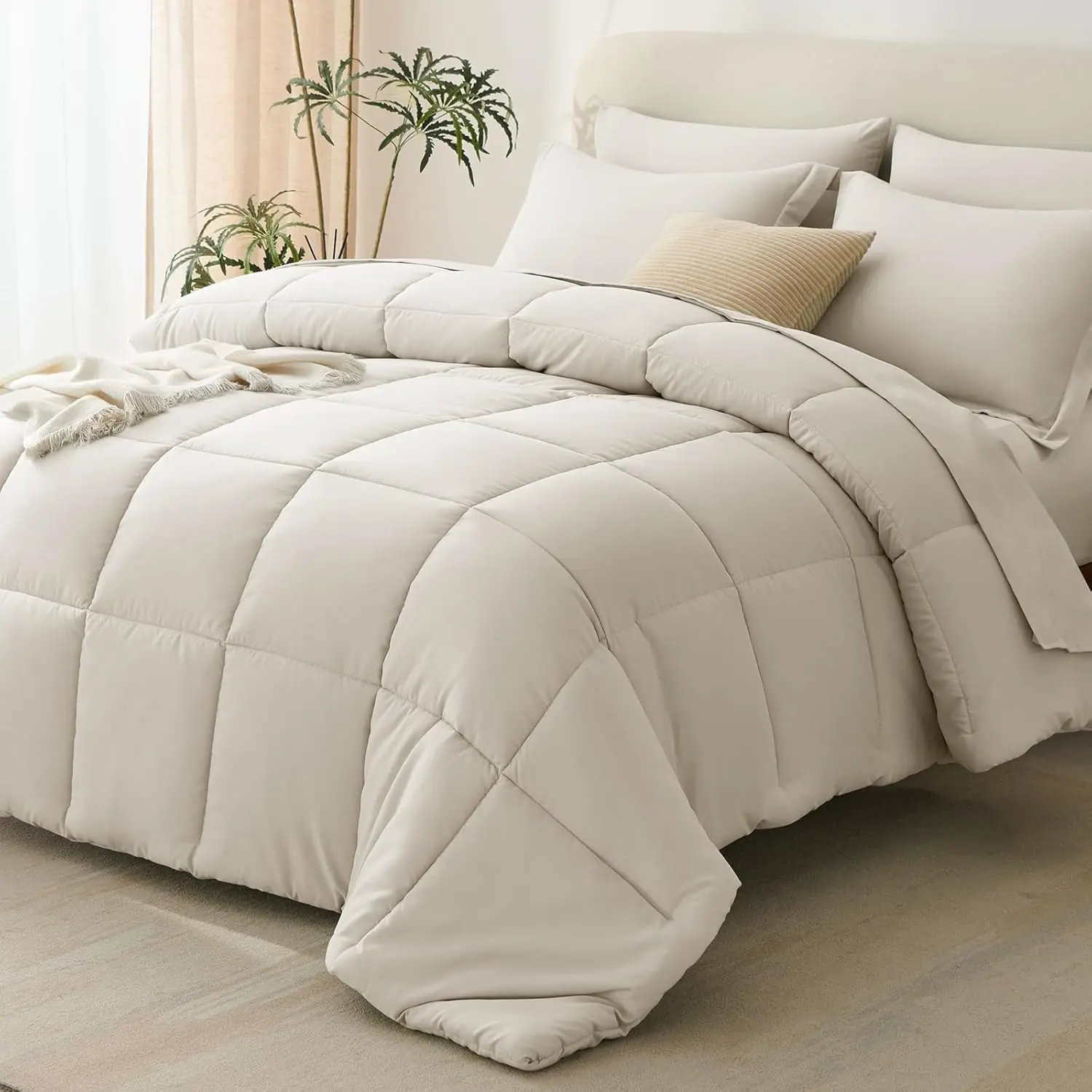 Queen Comforter Set Beige - 7 Pieces Bed in a Bag Queen, All Season Breathable Bedding Sets, Oeko-Tex Certified Bed Set with Down Alternative Comforter, Sheets, Pillowcases & Pillow Shams