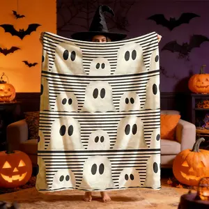 Halloween Ghost Plaid Flannel Blanket, Large Size, Soft Lightweight Warm, Perfect for Bed Sofa Office Camping Travel, Ideal Gift