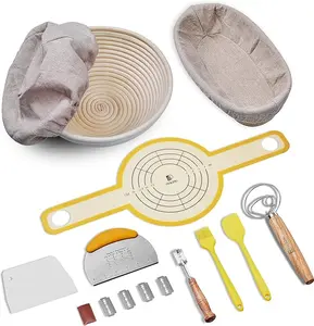 Sourdough Bread Baking Set, 10 Inch Oval & 9 Inch Round Banneton Bread Proofing Baskets with Linen Liner, Silicone Bread Sling, Danish Dough Whisk, Dough Scraper Kit, Silicone Brush & Silicone Spatula