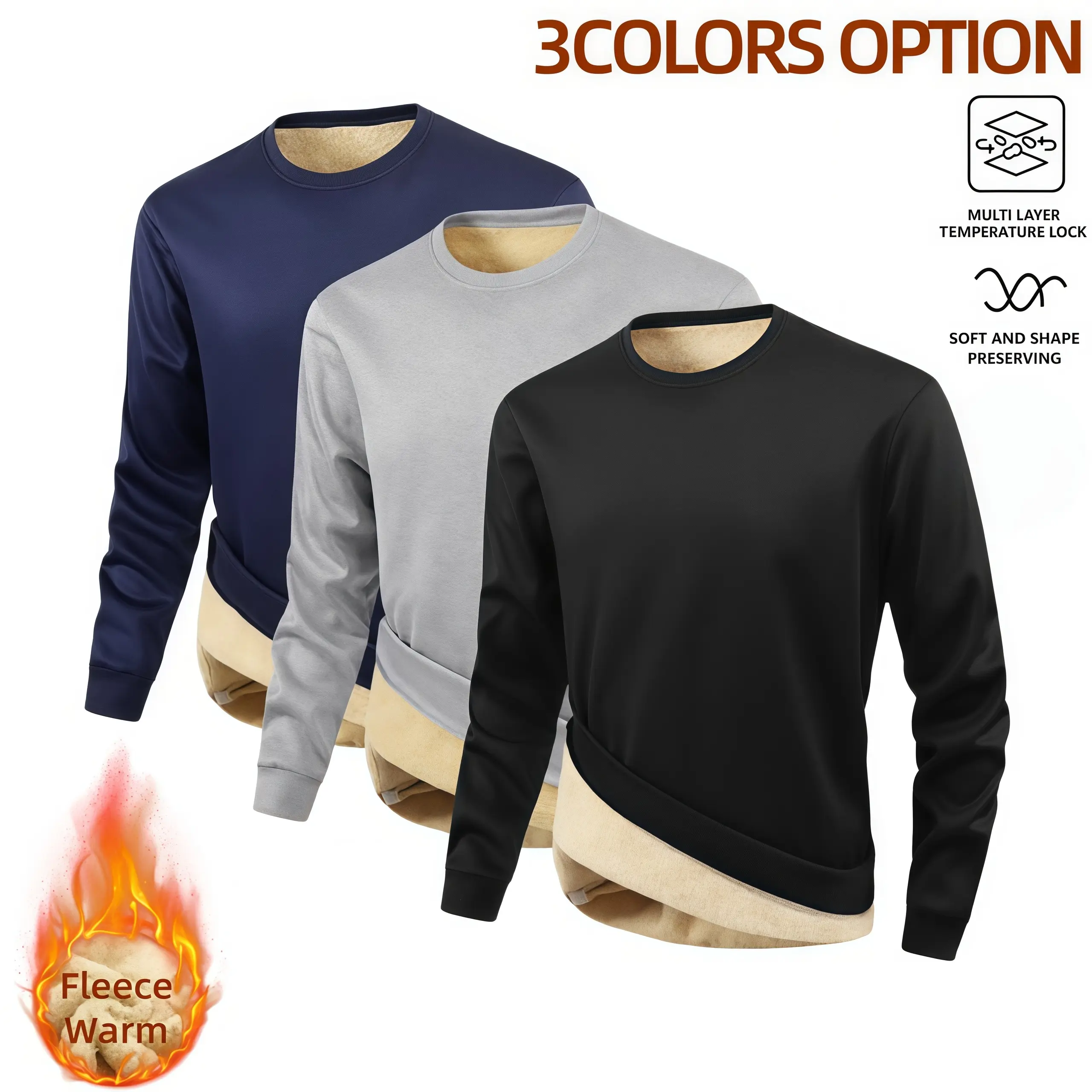 Men’s fleece-lined crewneck athletic sweatshirt, casual thick polyester fiber thermal pullover with ultra-soft, comfortable plush fleece lining, long sleeves suitable for cold weather, autumn, and everyday wear for outdoor activities.
