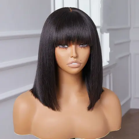 Black Colored 4x1 Lace Front Human Hair Wigs with Straight Bangs 180 Density Transparent Lace Straight Wigs for Women Glueless Pre-Cut Wigs