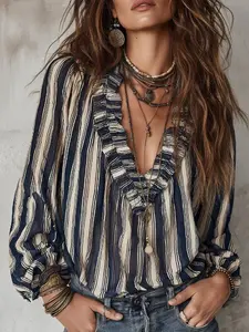 Summer New Women's Striped Long Sleeve Shirt Top, Korean Style Loose Design, Cool Casual Boho Breathable Fashion Aesthetic Blouse, Breathable Fabric, Suitable for Commuting