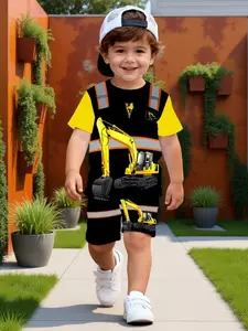 Boys' Excavator Pattern Summer Fashion 3D Printed Short Sleeve T-Shirt & Shorts Set, Cute All-Over Design, Perfect for Outdoor Wear