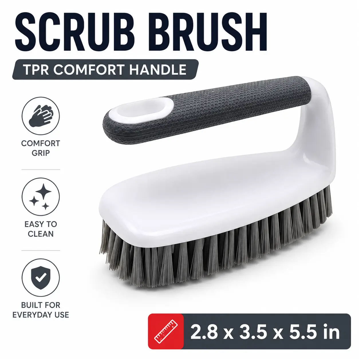 Heavy Duty Scrub Brush with Non-Slip Comfort TPR Grip Handle, Small Stiff Bristle Cleaning Brush for Bathroom Shower Tiles, Grout Cleaner Tool for Kitchen Sink & Countertop (Home Essentials)