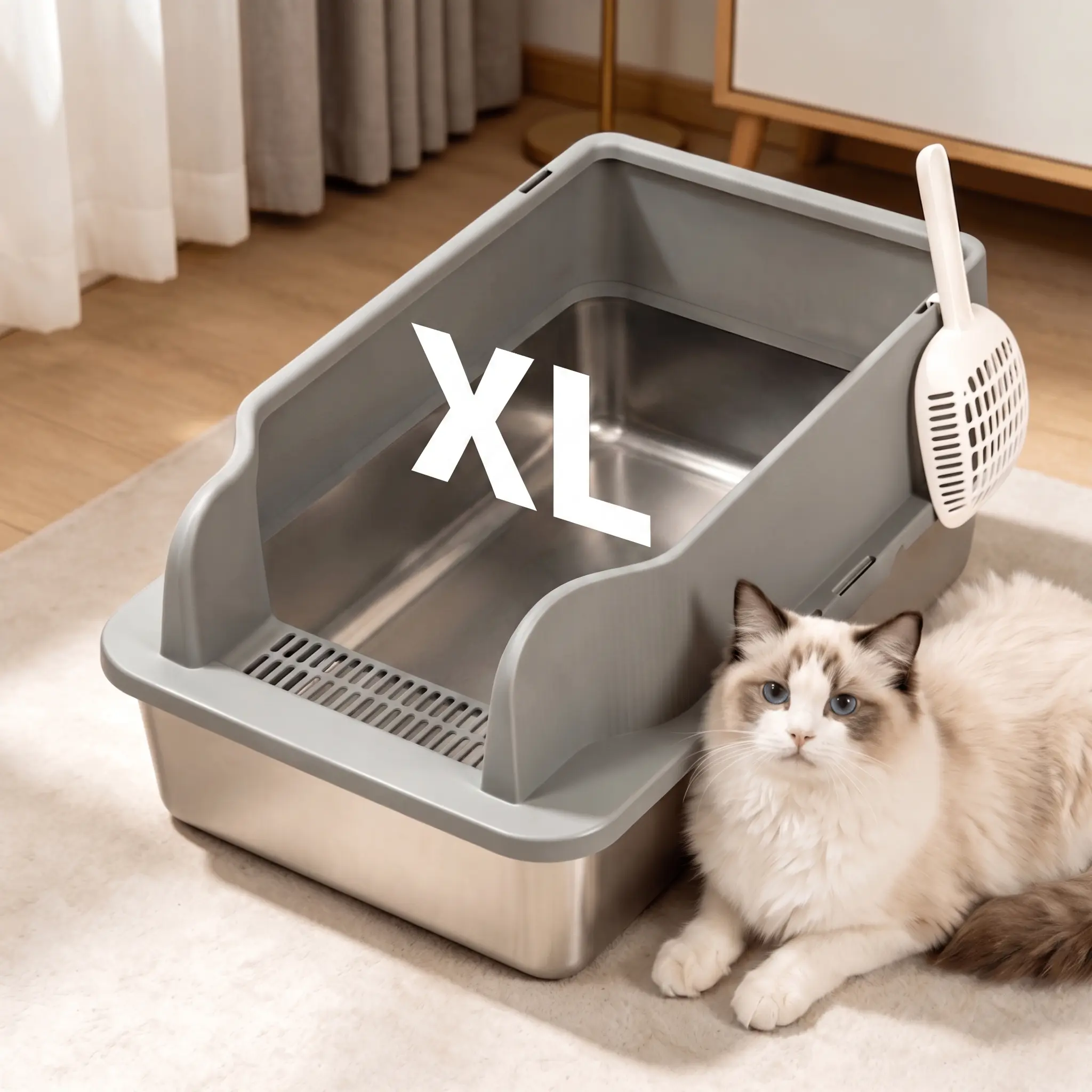 Stainless Steel Cat Litter Box - Extra Large 30L Non-Stick Odor-Free Litter Pan with High Sides, Non-Slip Rubber ft, Leak-Proof Design, Easy to Clean for Large Breed & Multiple Cats, Stainless Steel Litter Box, Leak-Proof Base