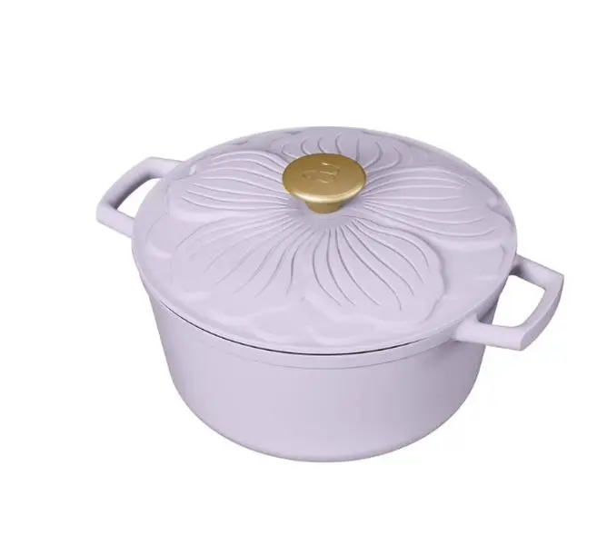 Beautiful 4 Quart Enameled Cast Iron Round Dutch Oven with Petal Design Lid