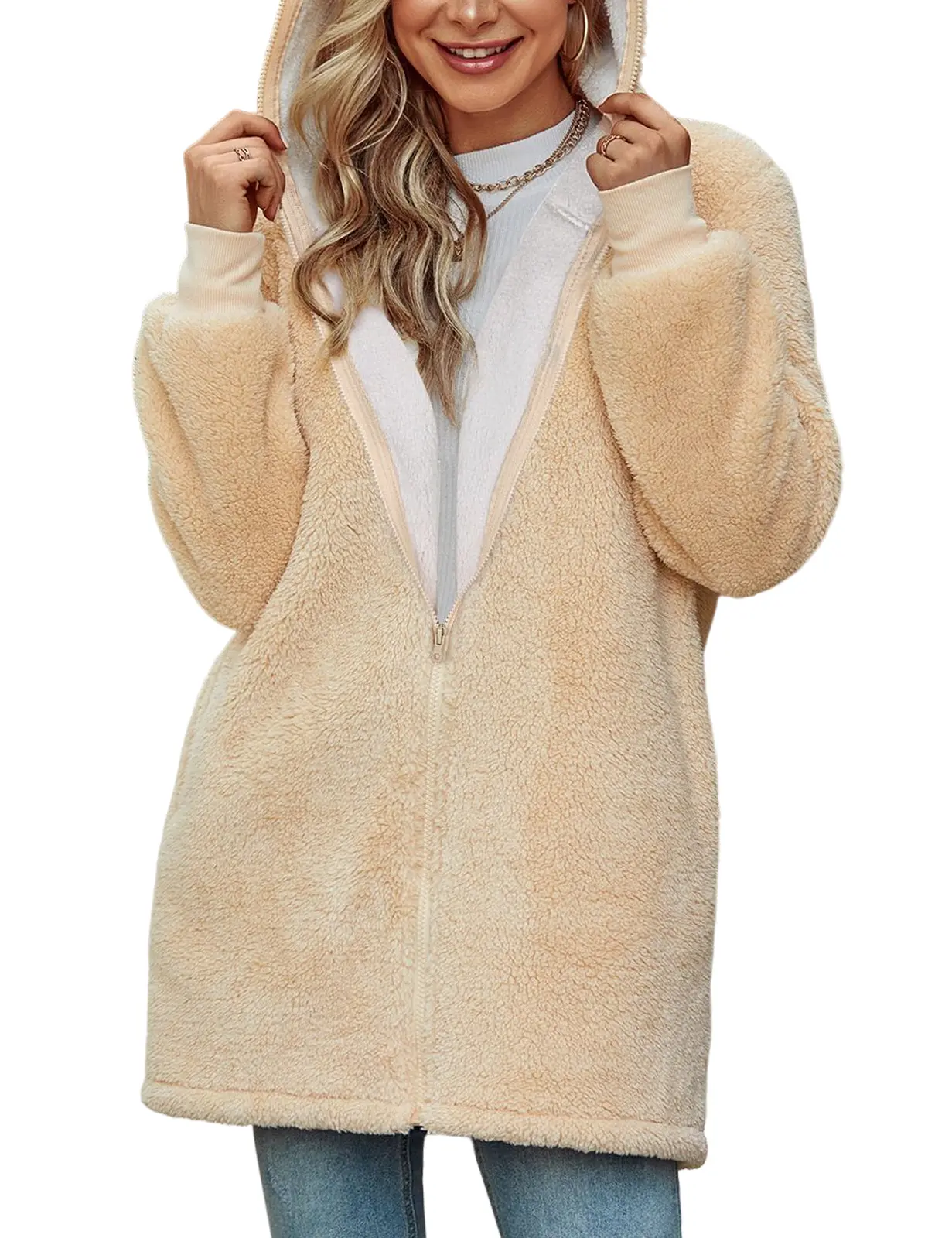 Womens Oversized Sherpa Jacket Fuzzy Fleece Zip Up Hoodies with Pockets Warm Fall Outfits Winter Coats