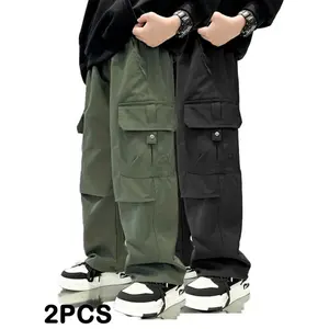 Boys 2 Piece Polyester Nylon Cargo Pants Boys' Long Length Solid Pocketed Relaxed Loose Fit Breathable Matte Casual Outdoor Joggers for School Sizes 120-170
